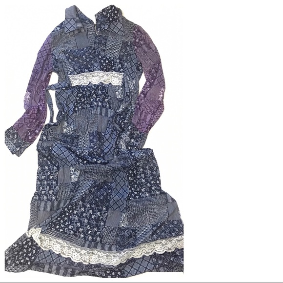 Vintage Dresses & Skirts - Vintage Prairie Maxi Dress Lace Trim Patchwork 70s